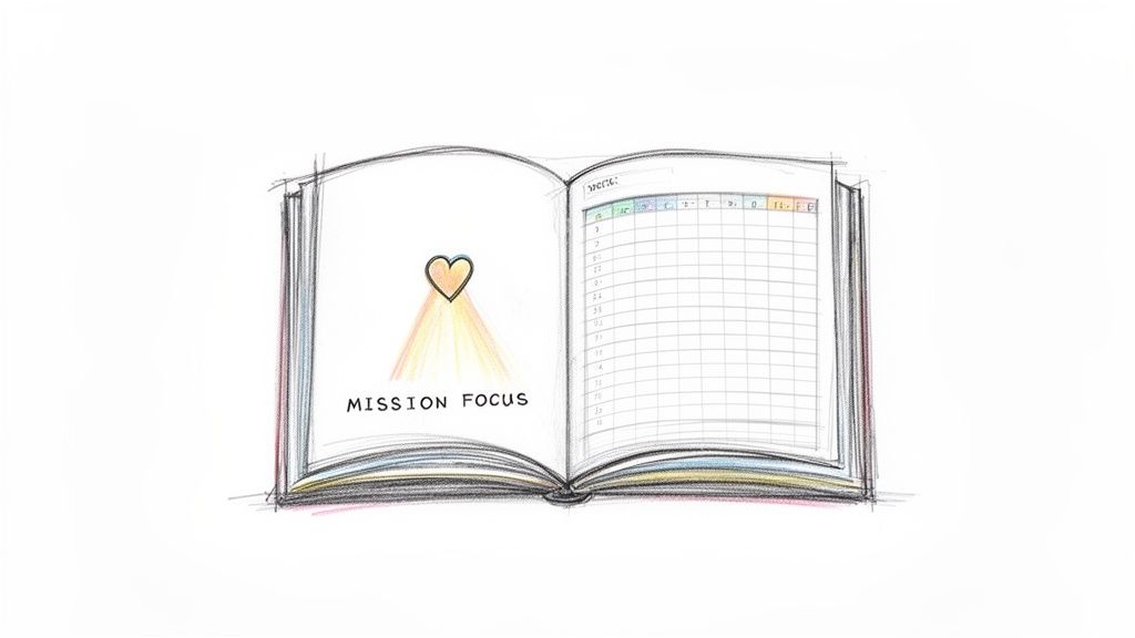 An open journal with 'MISSION FOCUS' and a heart icon on the left, and a weekly tracker on the right.