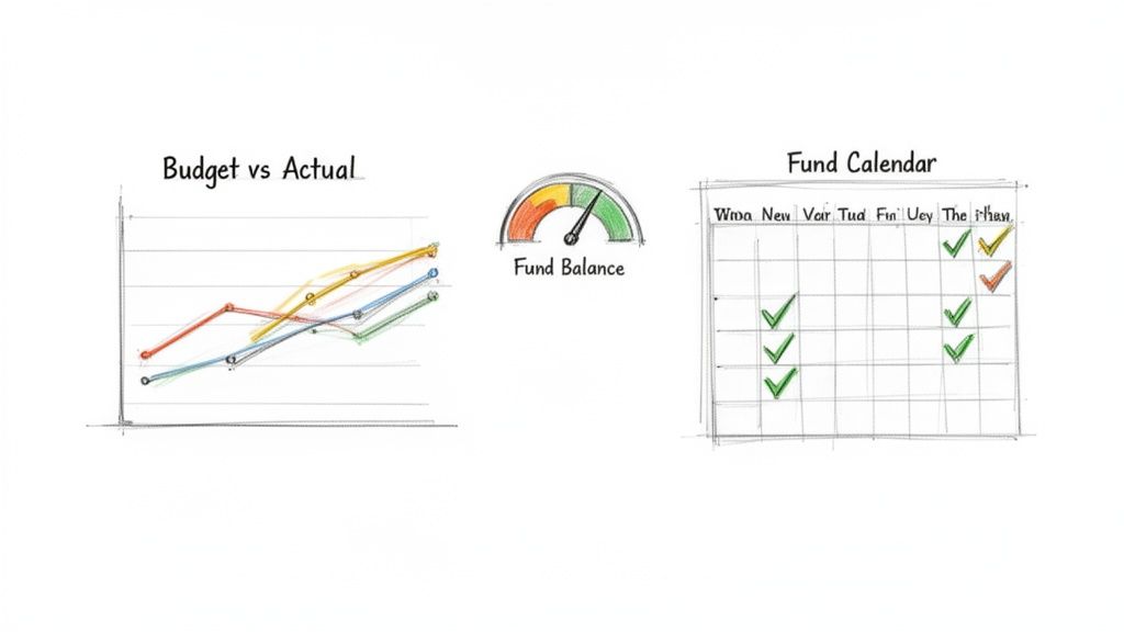 A hand-drawn financial dashboard with a budget vs actual graph, fund balance gauge, and fund calendar.