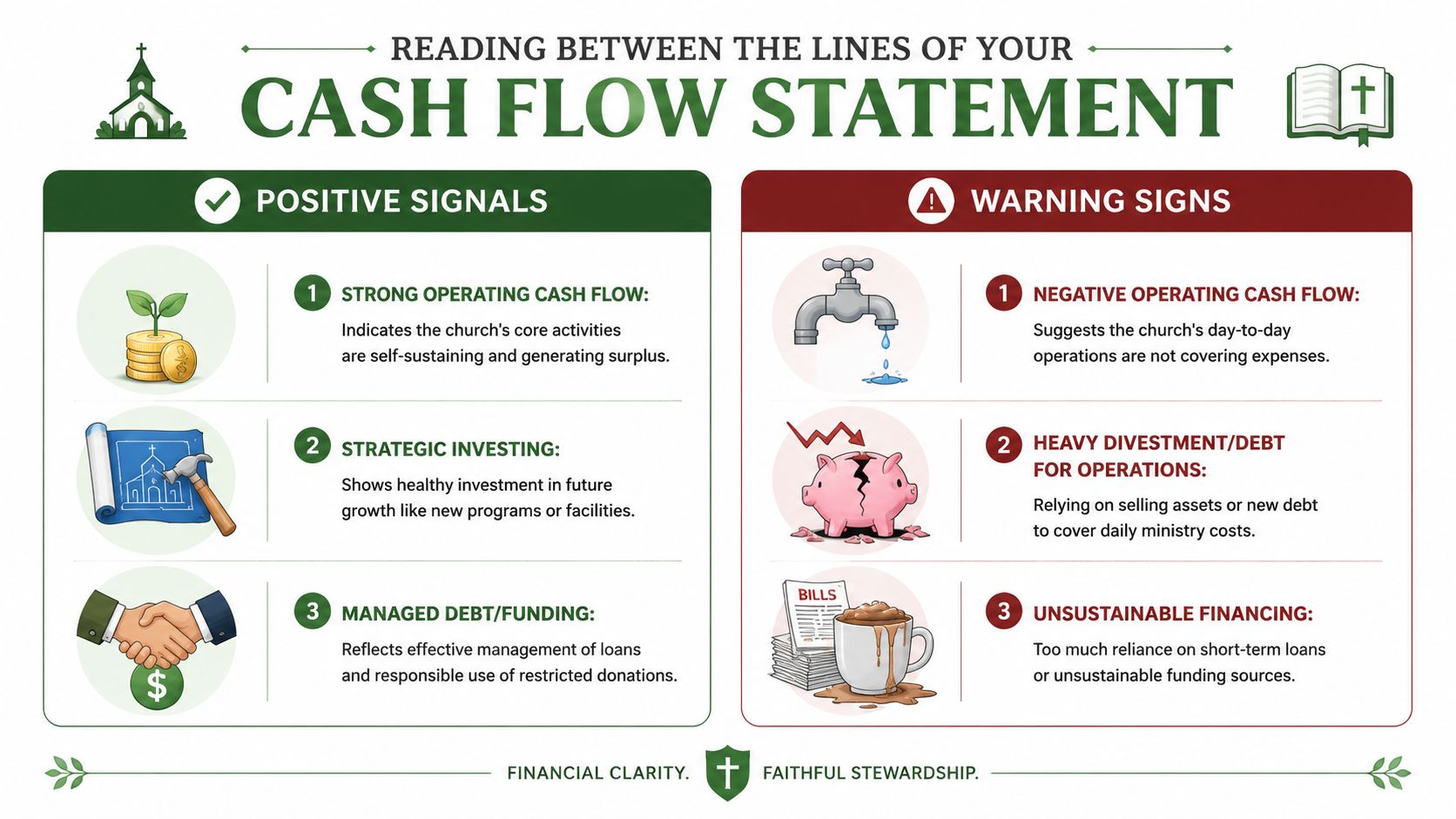 An infographic titled Reading Between the Lines of Your Cash Flow Statement explaining positive and warning financial signals.
