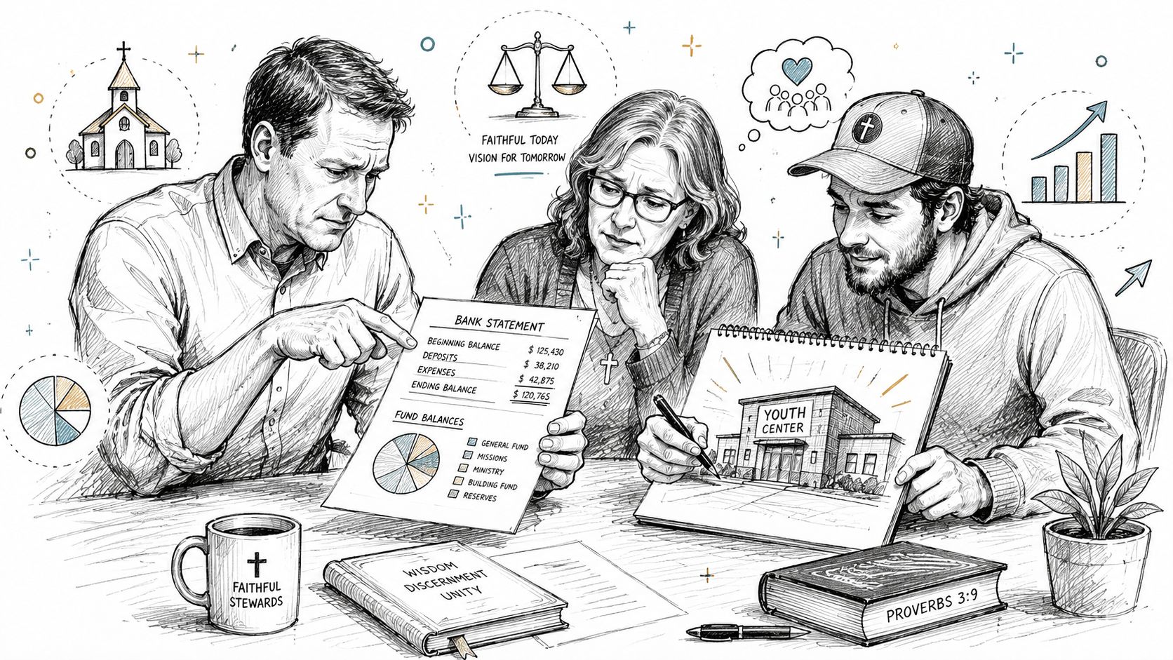 Three people reviewing financial bank statements and planning a new youth center project together at a table.
