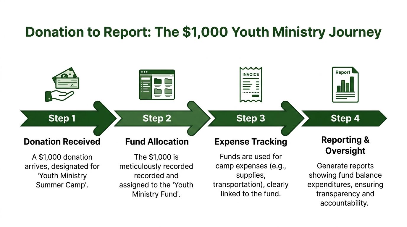 An infographic showing the four steps of processing a youth ministry donation through fund accounting software.