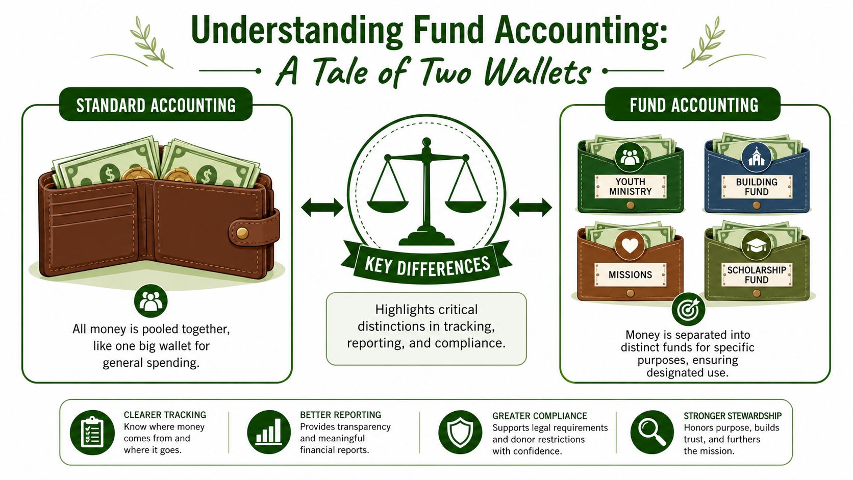 An infographic comparing standard accounting to fund accounting by illustrating how money is managed and separated.