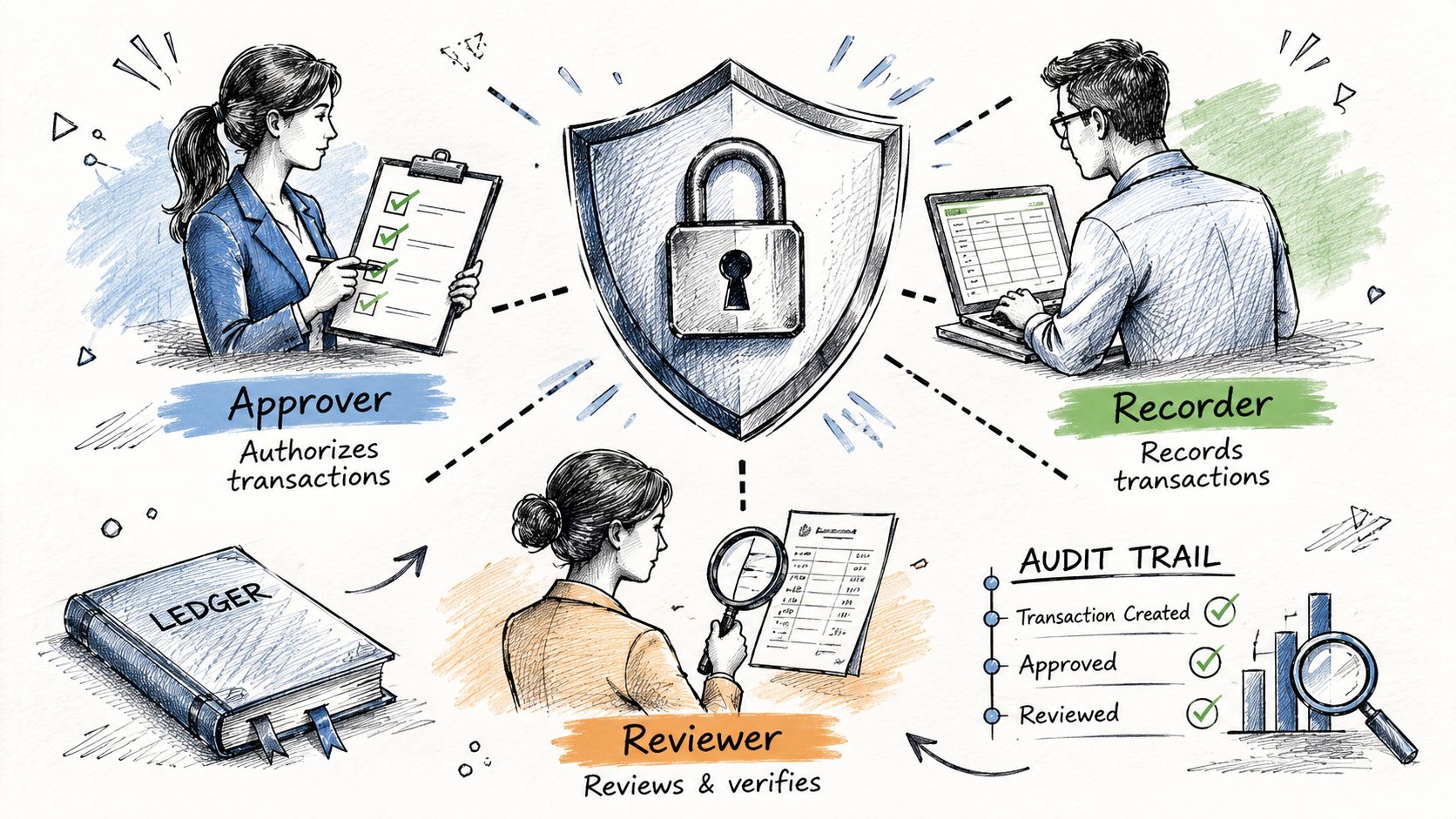 A hand-drawn illustration depicting the finance committee responsibilities of an approver, recorder, and reviewer with a ledger.