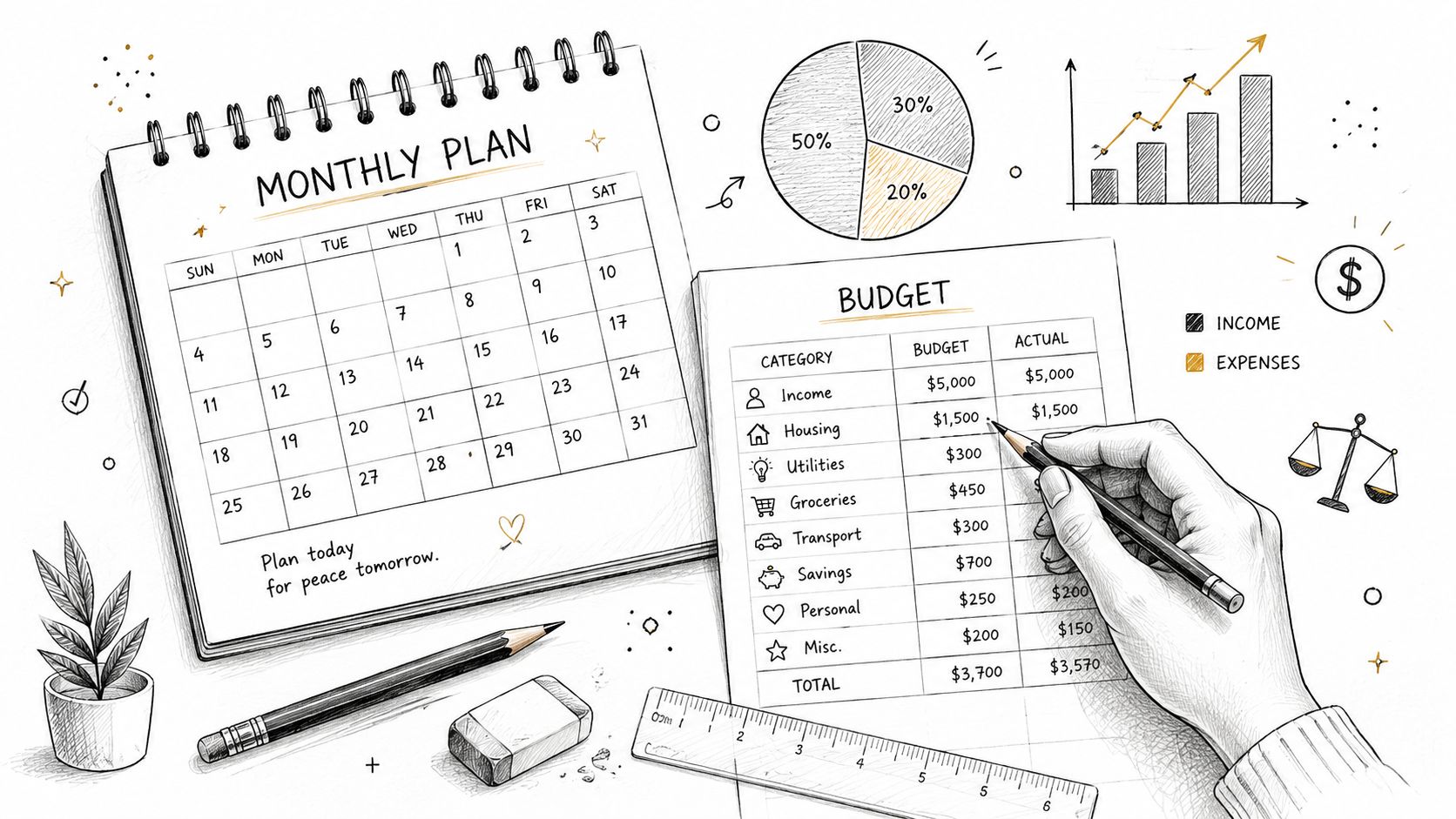 A hand filling out a budget plan next to a calendar, pencil, and various financial icons.