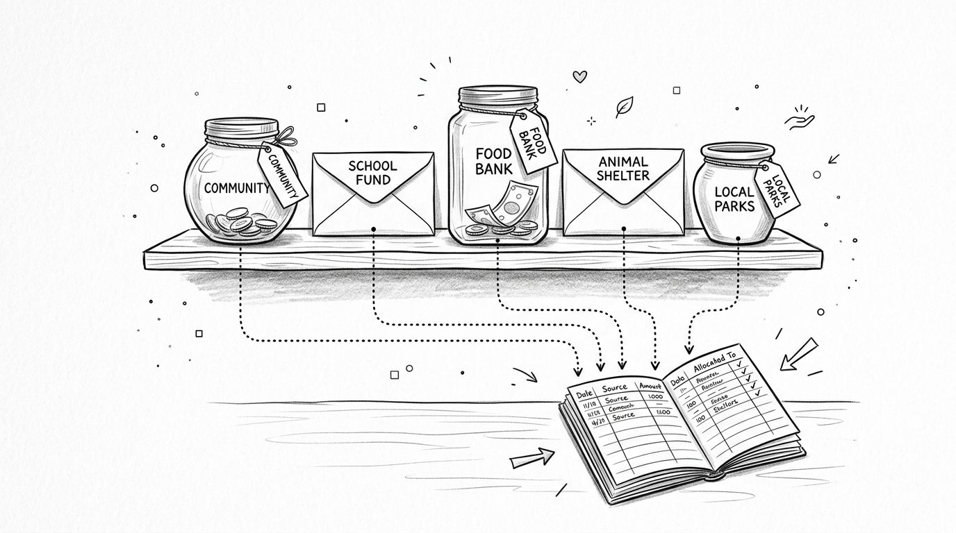 A hand-drawn illustration showing donation jars and envelopes for various causes tracked in a ledger book.