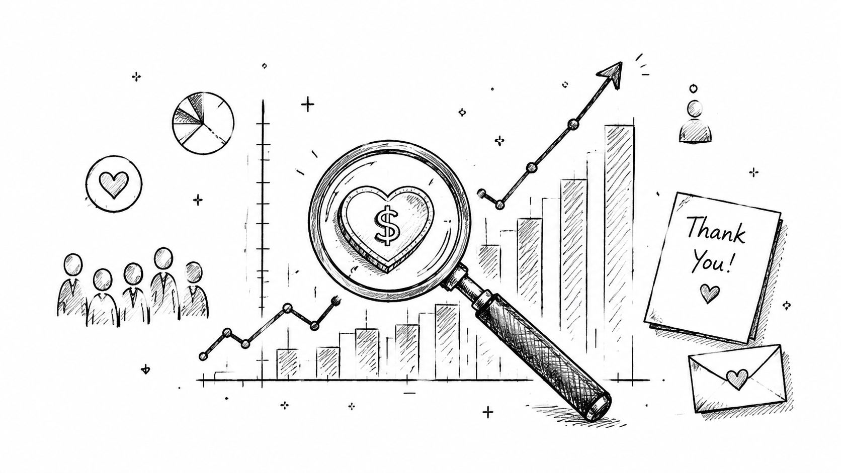 A hand-drawn sketch illustration featuring charts, a magnifying glass over a heart-dollar symbol, and a thank you note.