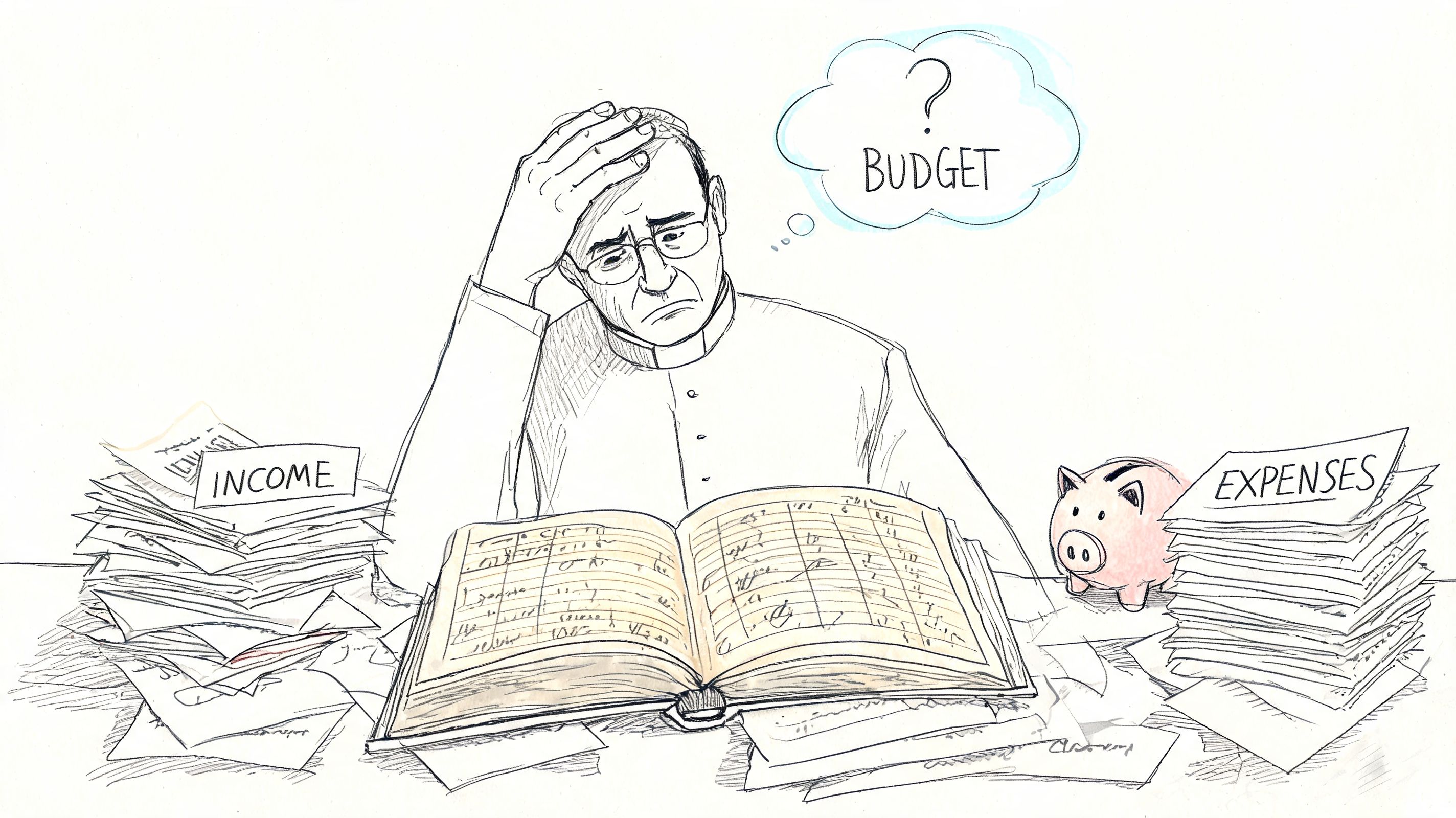 A distressed priest looking at a ledger with stacks of income and expenses papers on his desk.
