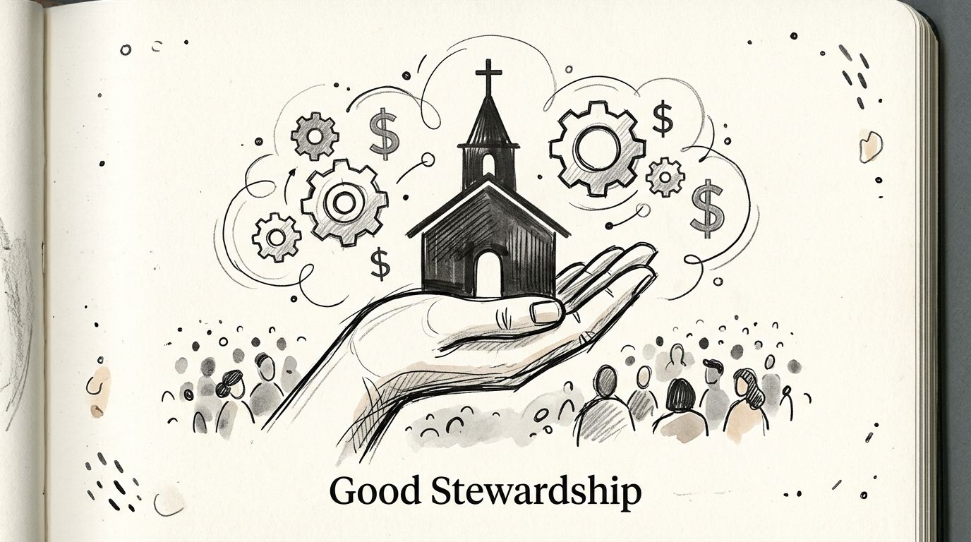 A hand holding a church icon, surrounded by gears and dollar signs, illustrating concepts of church stewardship.