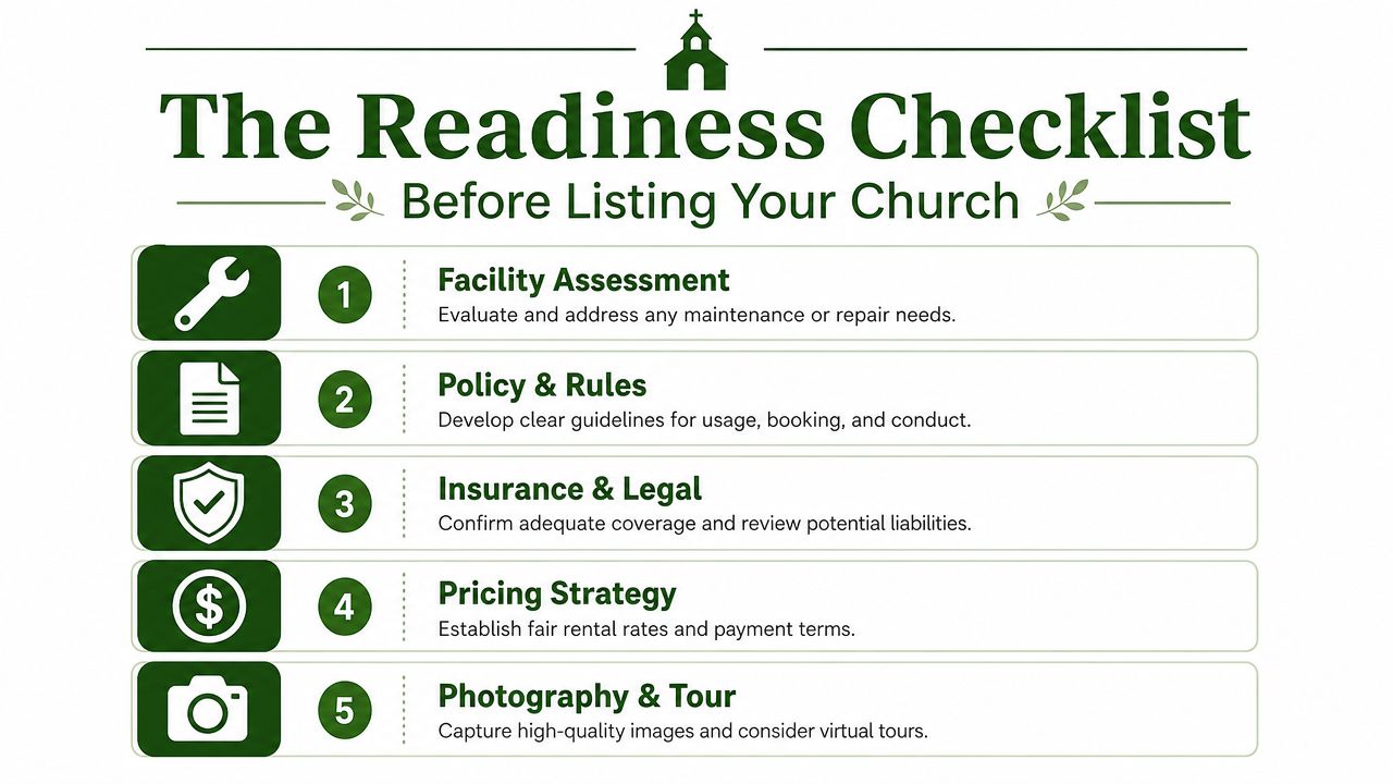 A checklist infographic titled The Readiness Checklist for churches considering listing their space for rent.