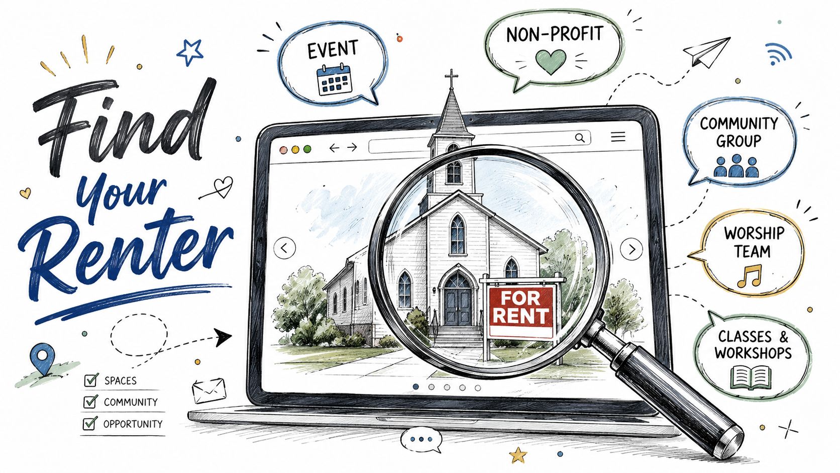 A digital illustration showing a laptop with a church on screen and a magnifying glass searching for renters.