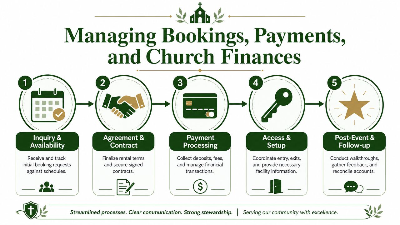 A five-step flowchart for managing church rental bookings, payments, and financial administration processes efficiently.