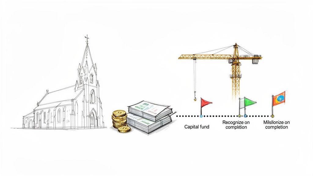 Sketch illustrating a church, stacks of money, a construction crane, and three project milestones.
