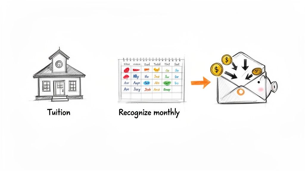 A house labeled 'Tuition', a monthly calendar, and an envelope collecting money with an arrow.