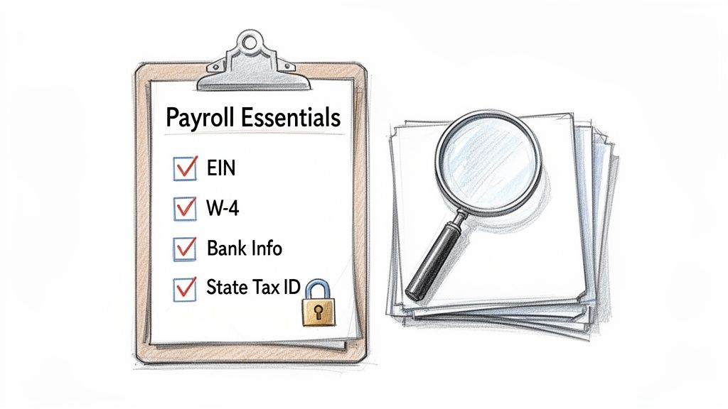 Payroll essentials checklist with EIN, W-4, bank info, state tax ID, documents, and magnifying glass.