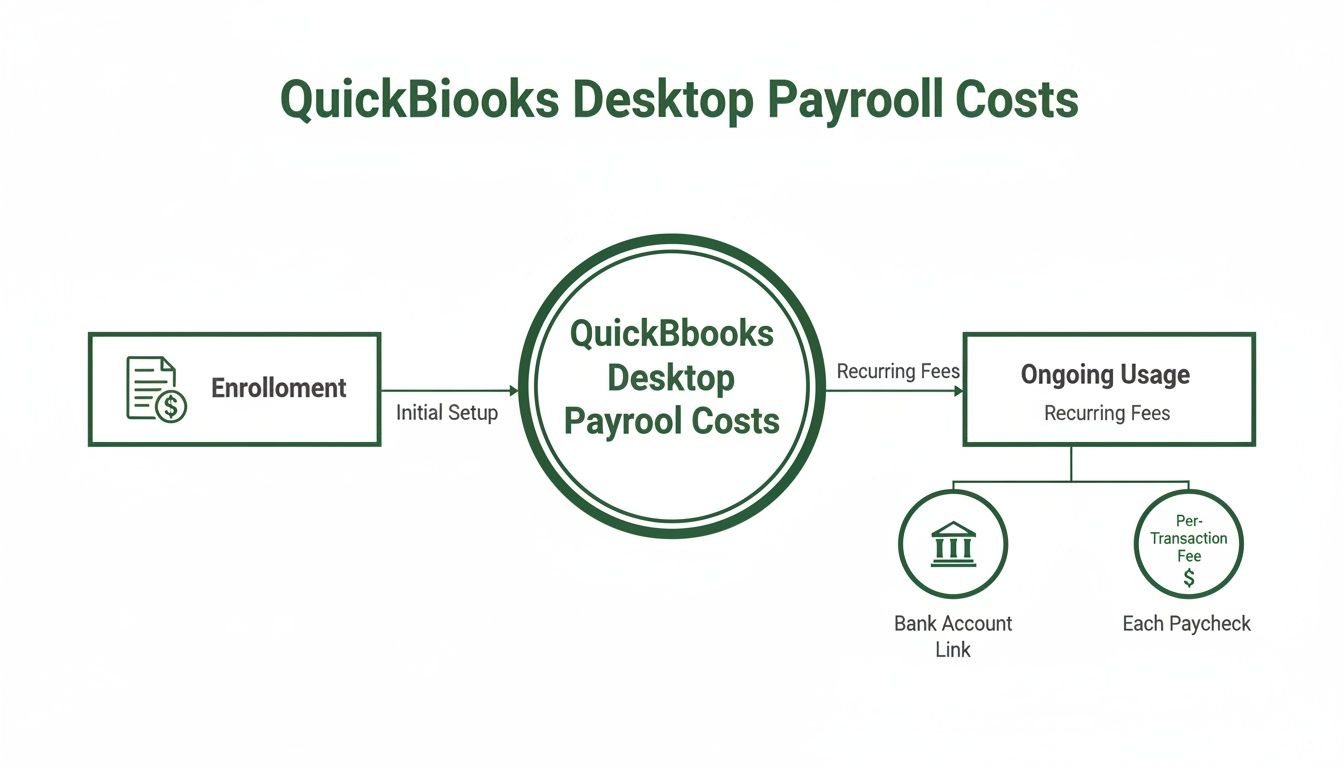 Flowchart illustrating QuickBooks Desktop Payroll costs, covering enrollment, initial setup, recurring, and transaction fees.