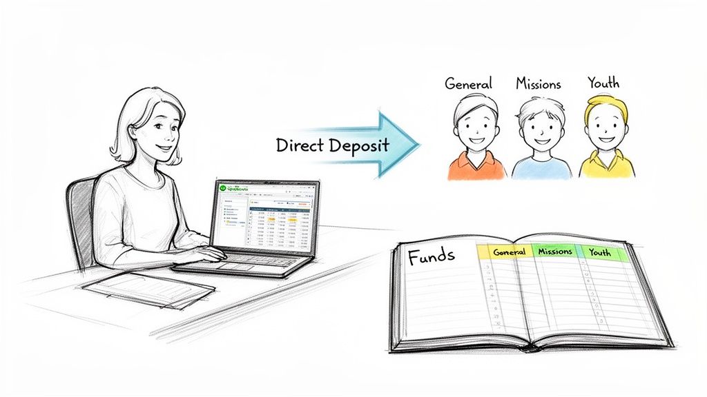 A woman uses QuickBooks on a laptop for direct deposits, allocating funds to General, Missions, and Youth categories in a ledger.