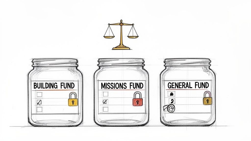 Illustration of three transparent jars labeled Building, Missions, and General Funds, with a scale of justice above.