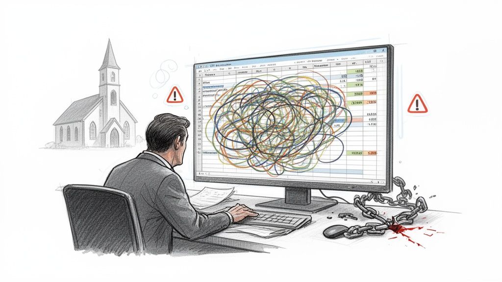 Illustration of a man overwhelmed by a chaotic spreadsheet, with a church in the background and broken chains.
