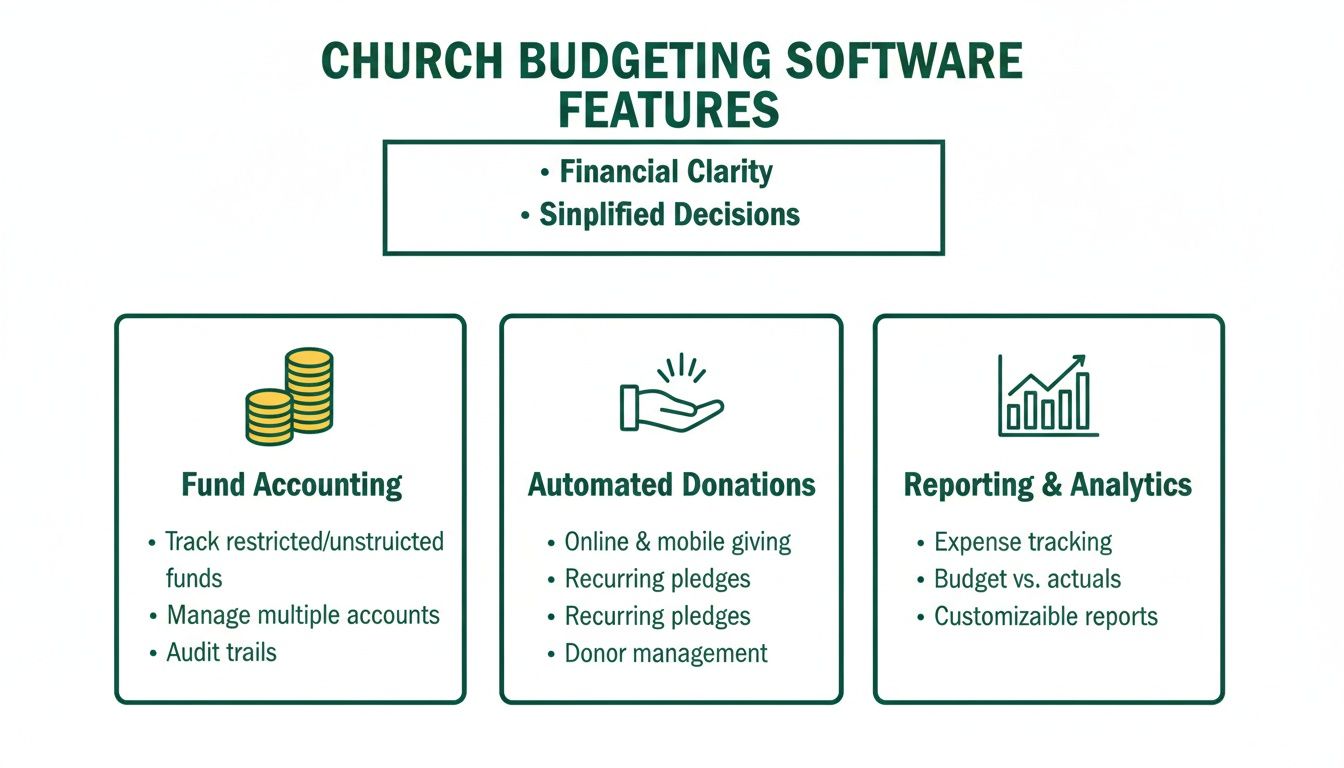 Church budgeting software features detailed, showing fund accounting, automated donations, and reporting for clarity and simplified decisions.