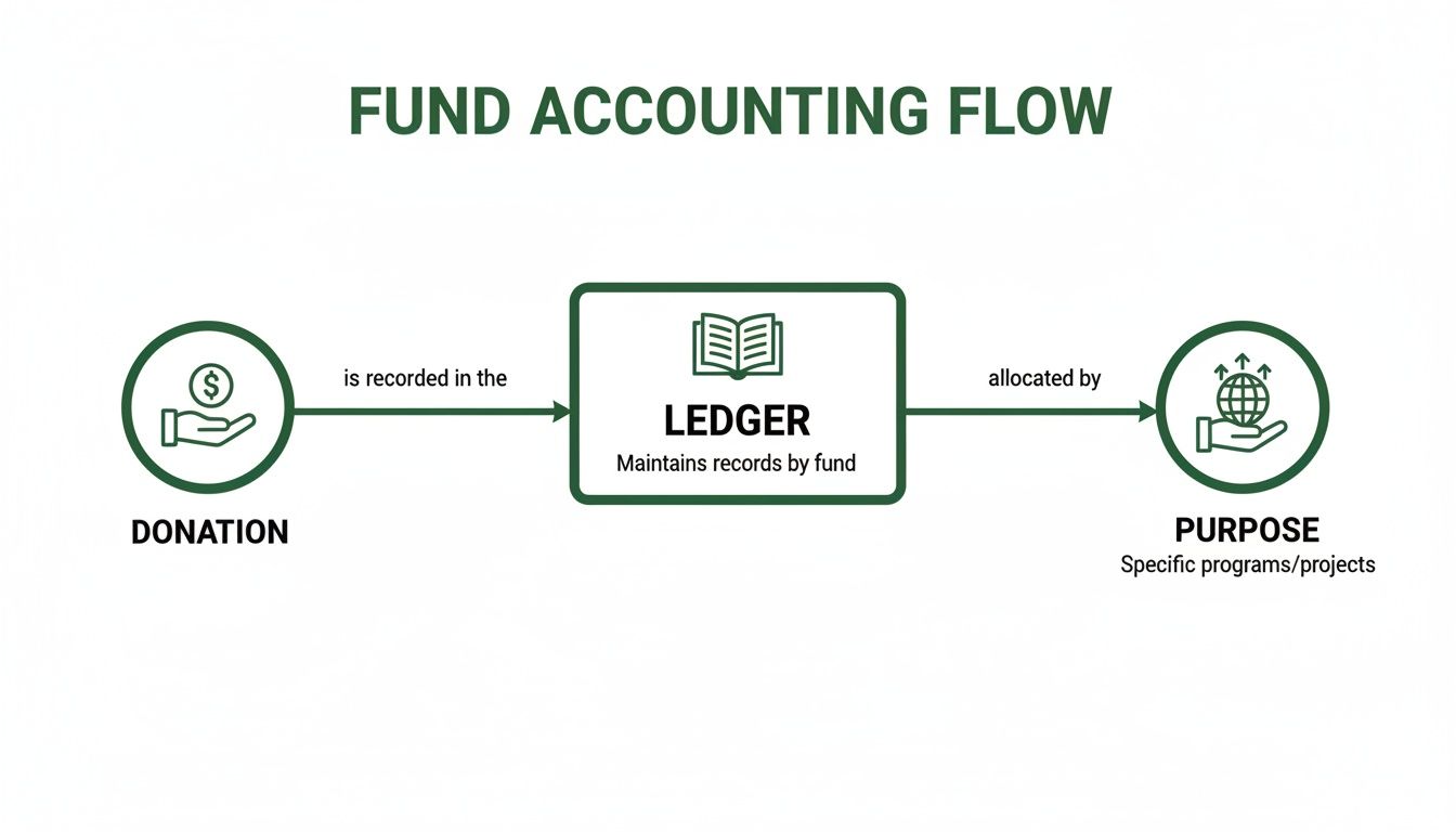 Diagram illustrating the fund accounting flow from donation to specific programs via a ledger.