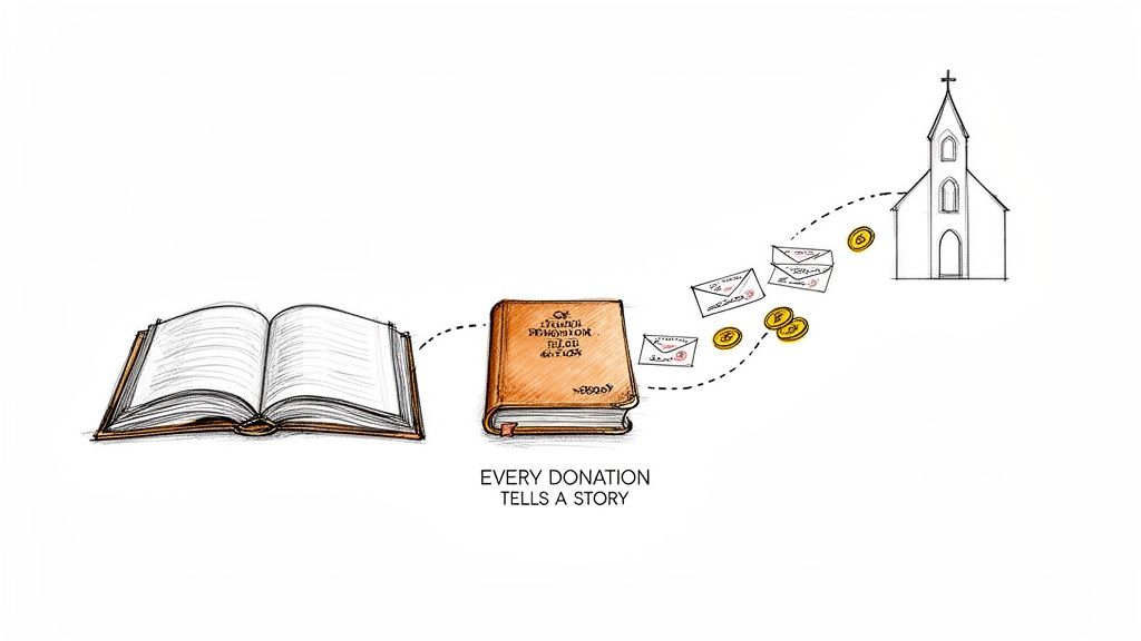An illustration showing an open book, a closed book, envelopes, coins, and a church, connected by dotted lines, implying stories and donations leading to the church.