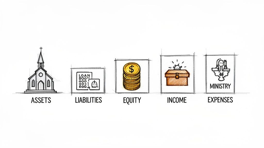Sketched icons representing church financial statements: assets, liabilities, equity, income, and ministry expenses.