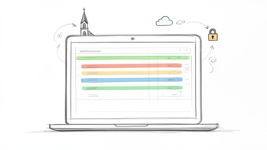 Hand-drawn sketch of a laptop with a spreadsheet, linked to a church, cloud, and padlock, representing secure digital records.