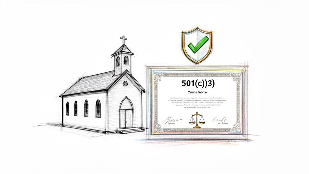 A sketch of a church next to a 501(c)(3) document, scales of justice, and a security shield.