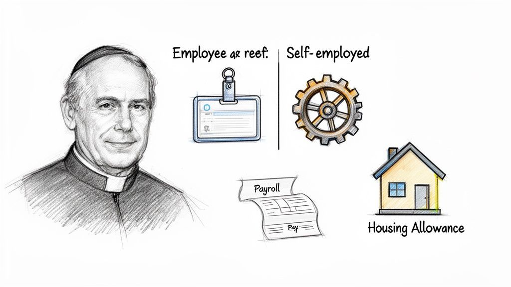 Illustration showing a cleric, employee ID, gear for self-employment, payroll, and housing allowance.