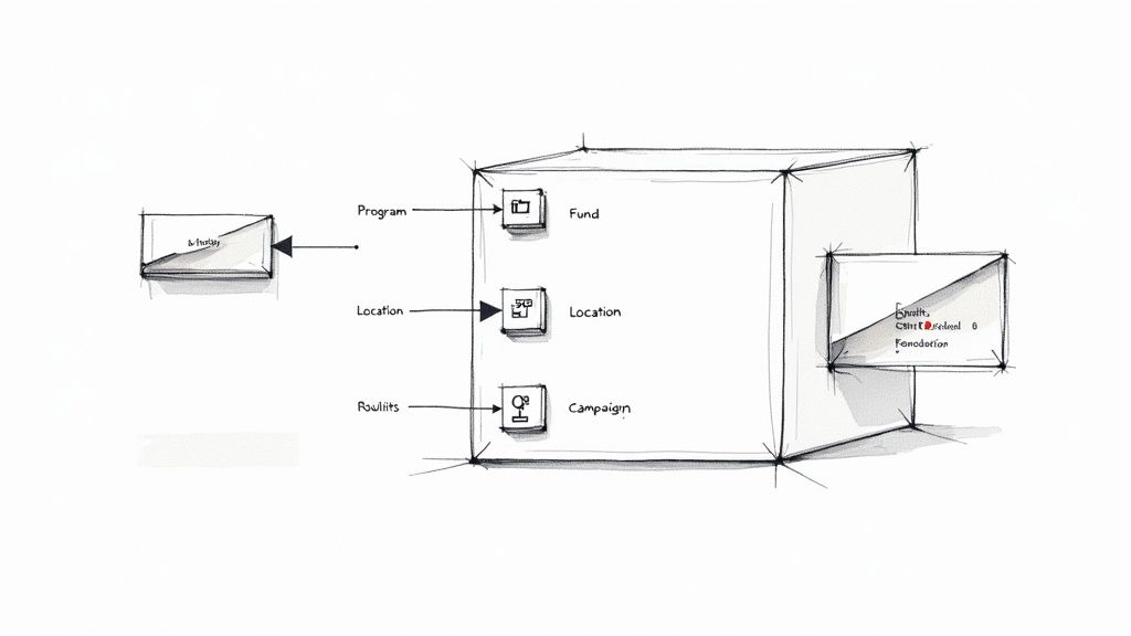 A visual representation of data points being tagged with different labels like 'program,' 'fund,' and 'location.'
