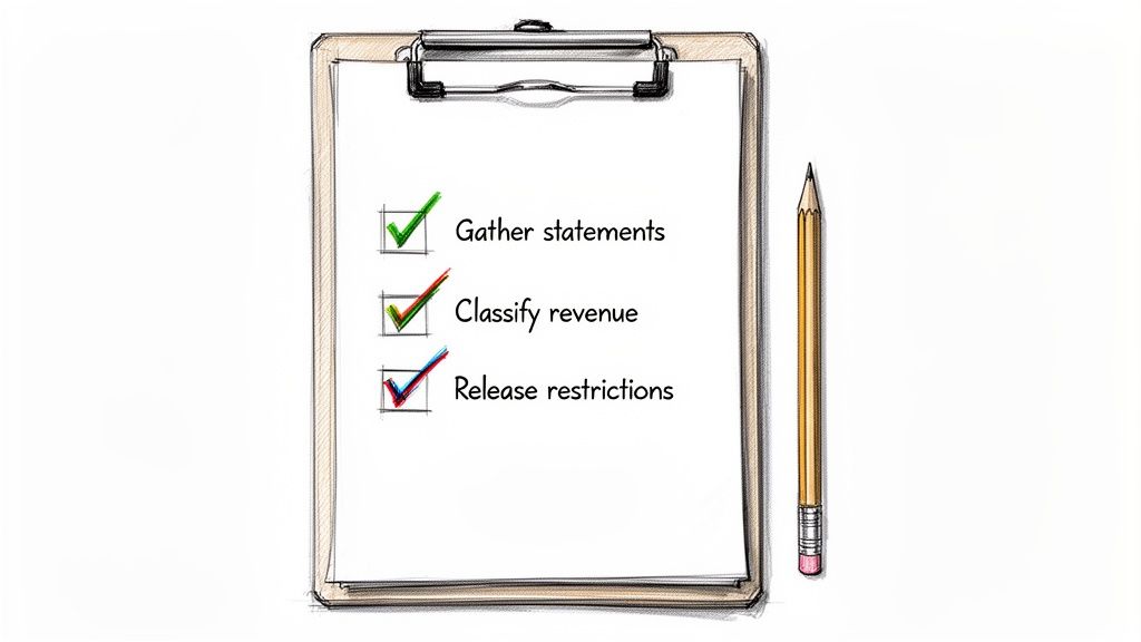 A hand-drawn illustration of a checklist on a clipboard with three completed tasks: Gather statements, Classify revenue, Release restrictions, next to a pencil.