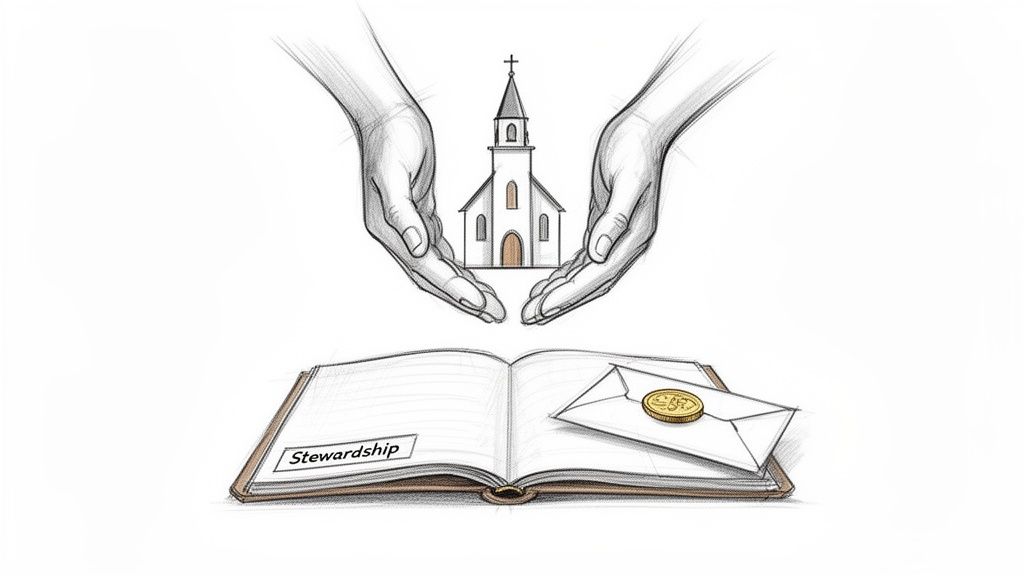 Sketch of hands protecting a church, an open book labeled 'Stewardship', and an envelope with a coin.