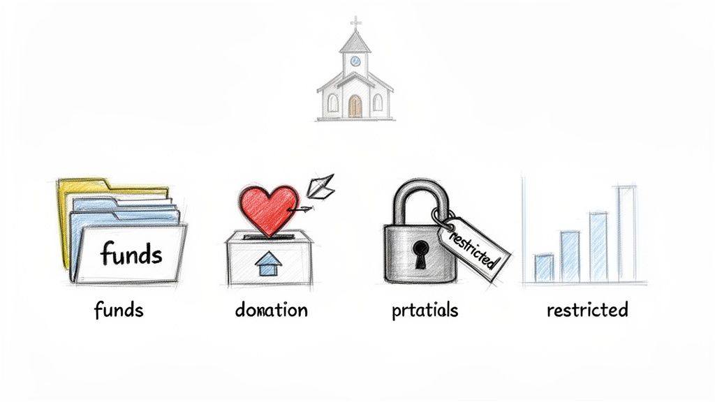 A graphic depicting a church with symbols for funds, donations, and restricted financial categories.