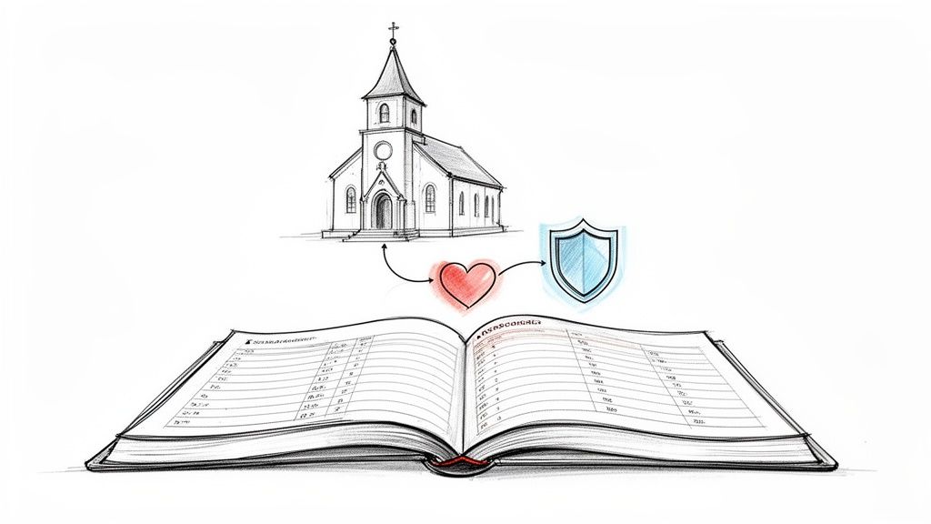 A sketch showing a church, a heart, a shield, and an open ledger with arrows.