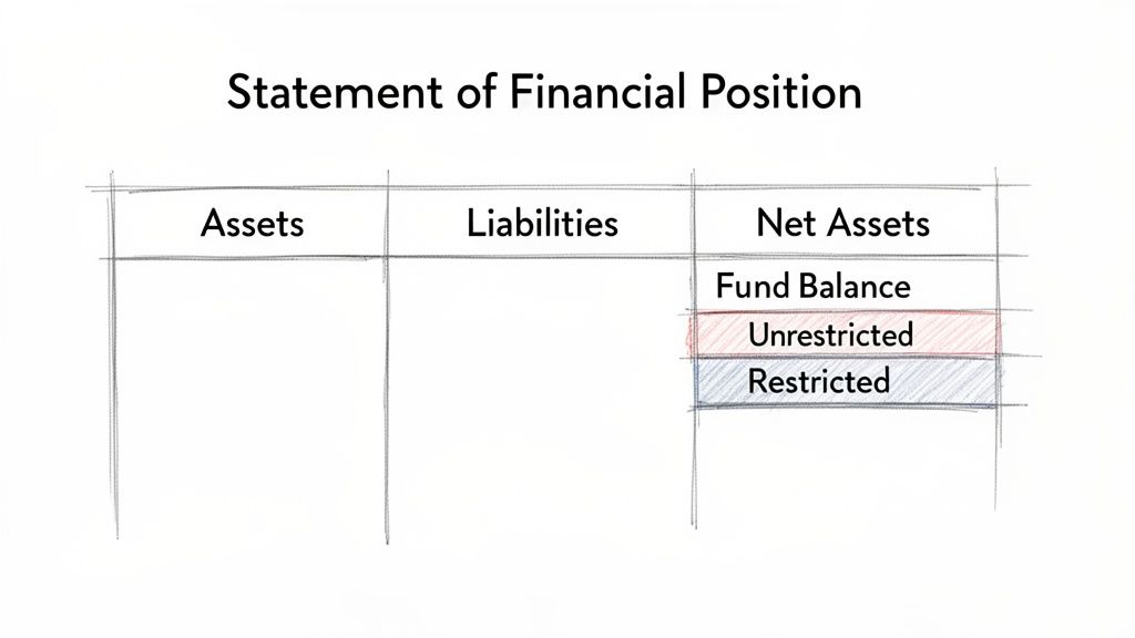 A sketch of a Statement of Financial Position with sections for assets, liabilities, and net assets, including fund balance, unrestricted, and restricted.