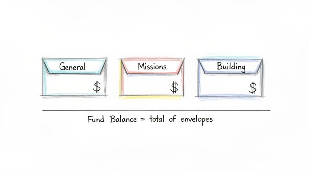 Illustration of three labeled envelopes for General, Missions, and Building funds, showing they sum up to the total fund balance.