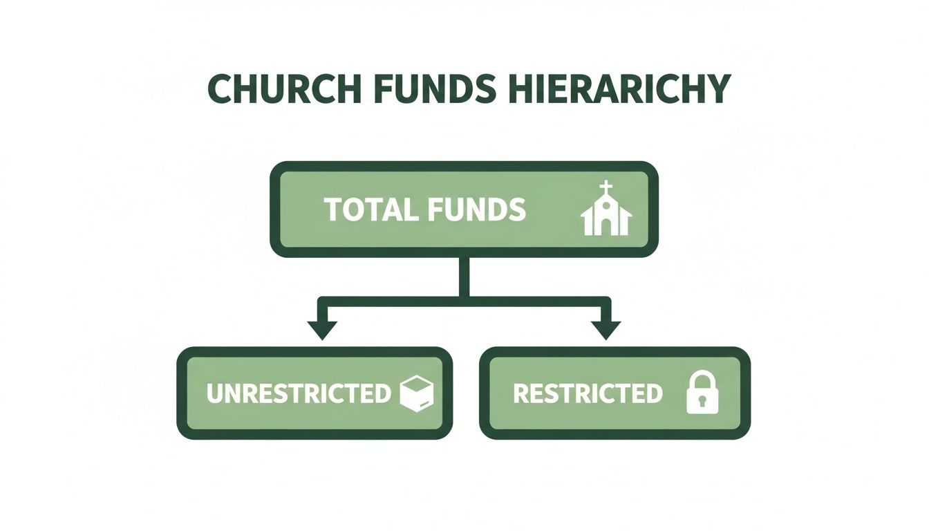 A hierarchy chart illustrating church funds categorized into total, unrestricted, and restricted funds.