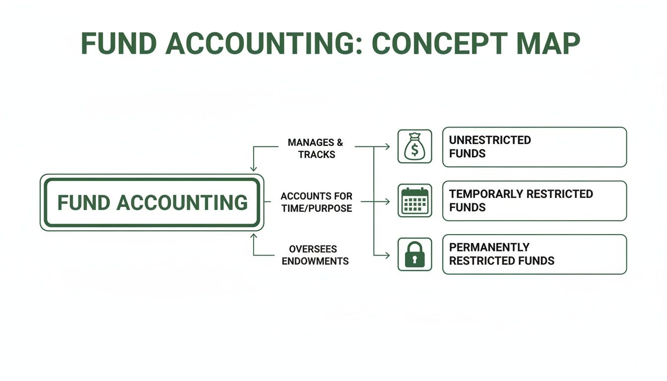 A concept map illustrating fund accounting principles, showing how it manages and tracks various fund types.
