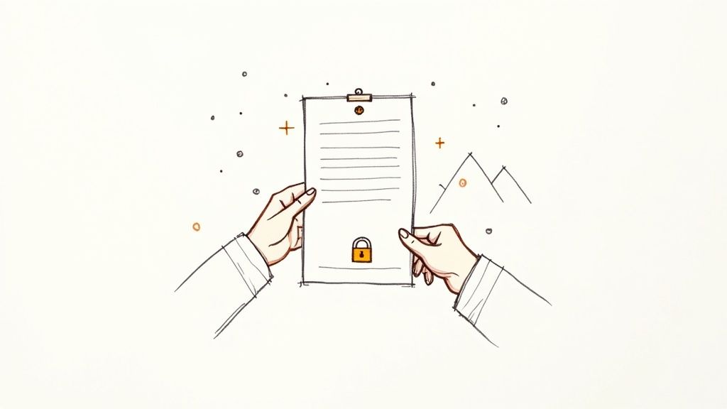 A sketch drawing of hands holding a secure document, symbolized by a padlock, against a light background.