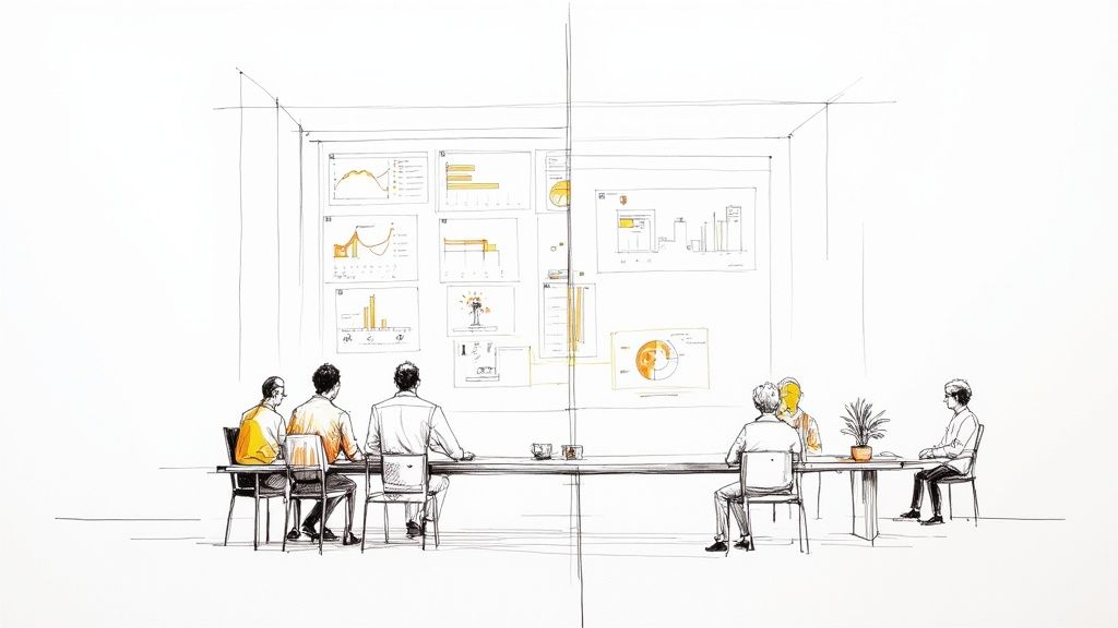 Team analyzing financial data charts and graphs on screens during business meeting