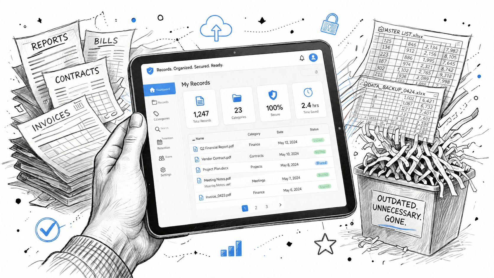A hand holding a digital tablet displaying an organized record management software dashboard with paper files and shredded documents.