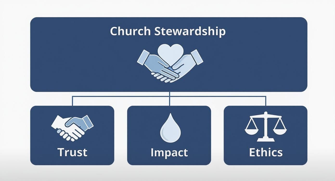 Diagram outlining Church Stewardship, highlighting trust, impact, and ethics with relevant icons.