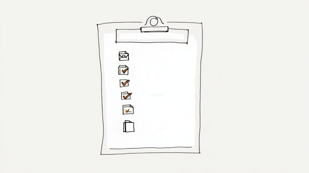 A hand-drawn illustration of a clipboard with a checklist, featuring several items with some checked off.