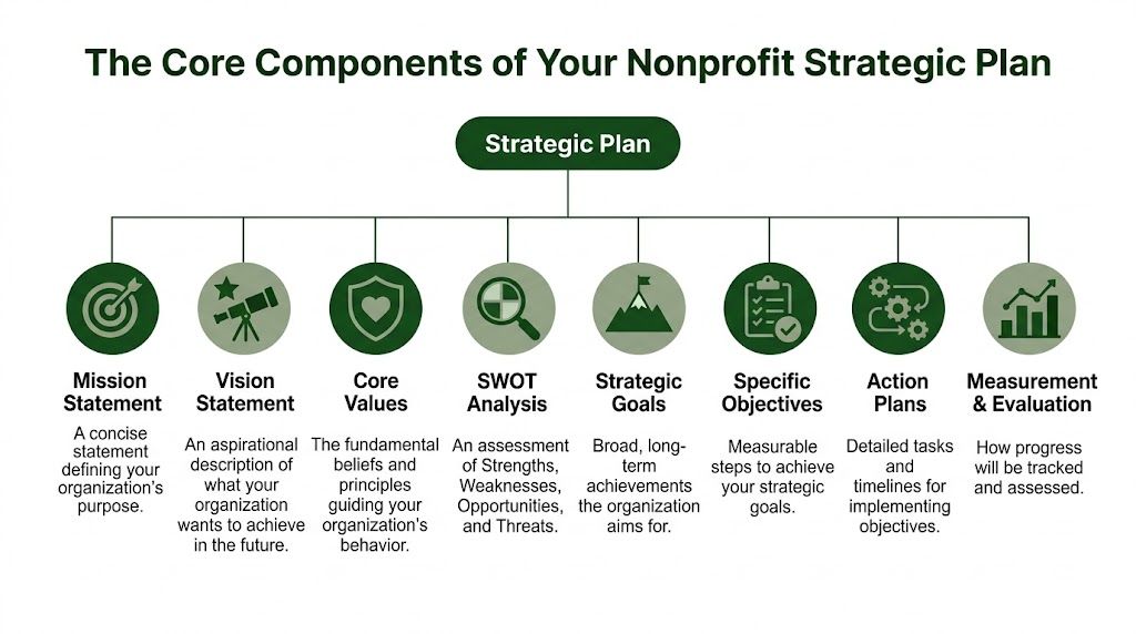 A diagram outlining the eight core components of a nonprofit strategic plan from mission to evaluation.