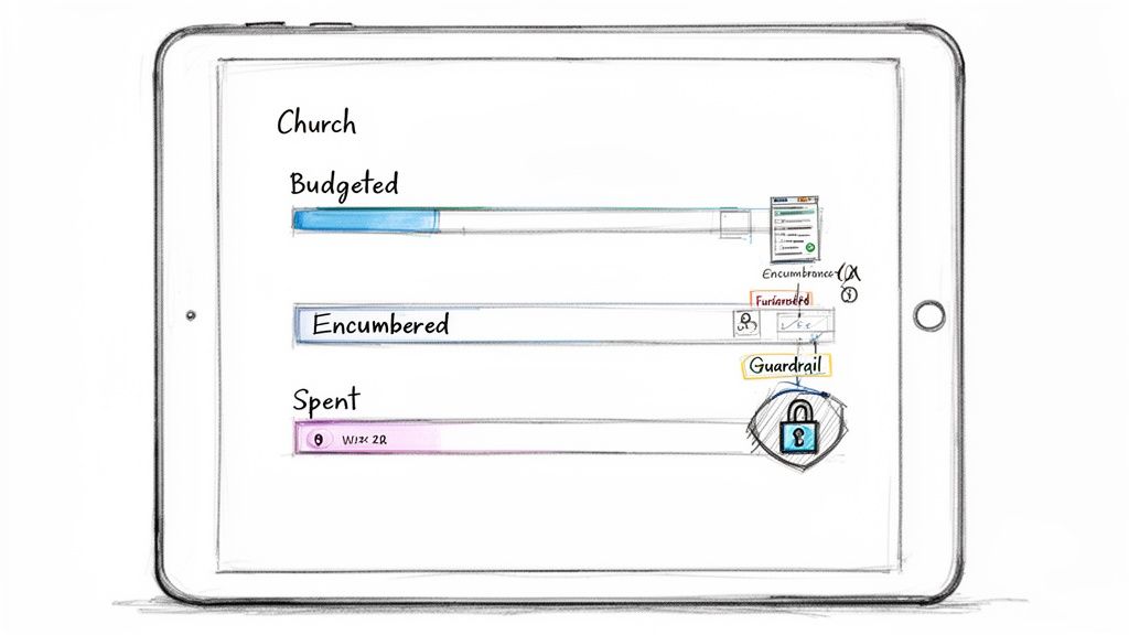 A sketch of a tablet showing financial progress bars for budgeted, encumbered, and spent funds.