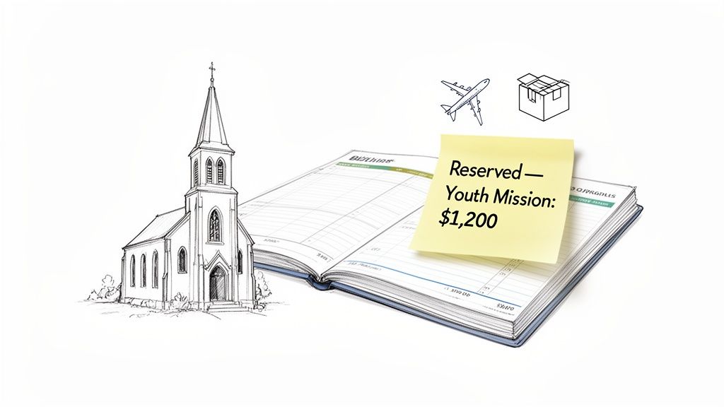A sketch of a church, an open ledger, and a sticky note reserving $1,200 for a youth mission.