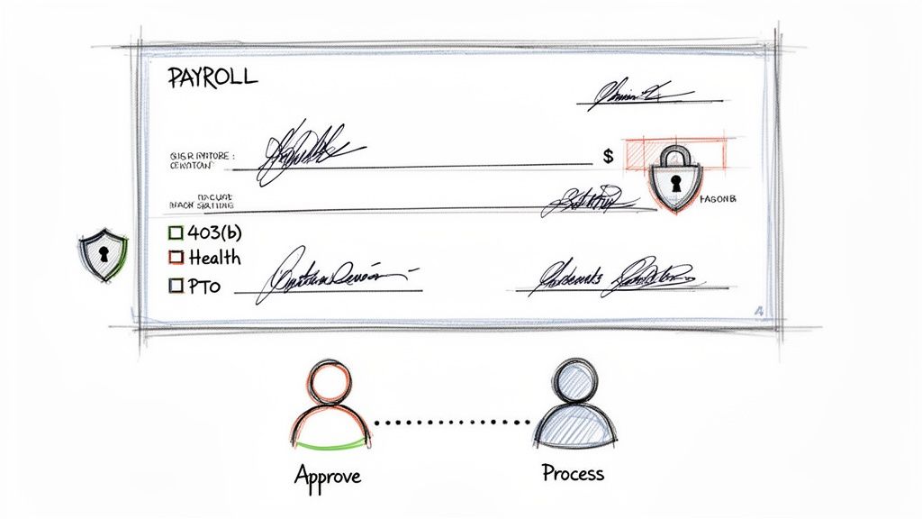Illustration of a secure payroll process document with approval steps and benefit options.