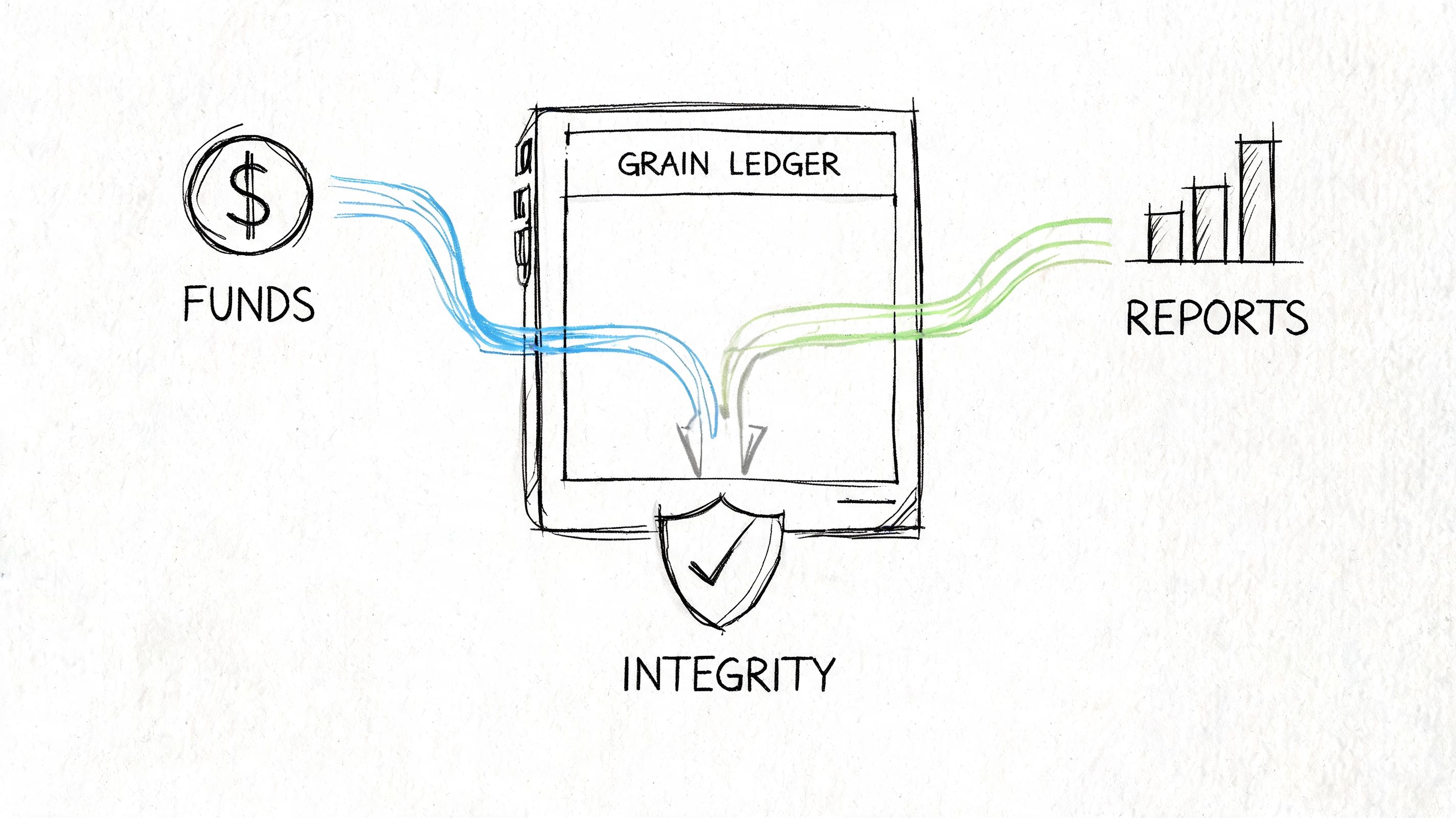 A hand-drawn illustration showing funds flowing into a grain ledger, producing reports with verified data integrity.