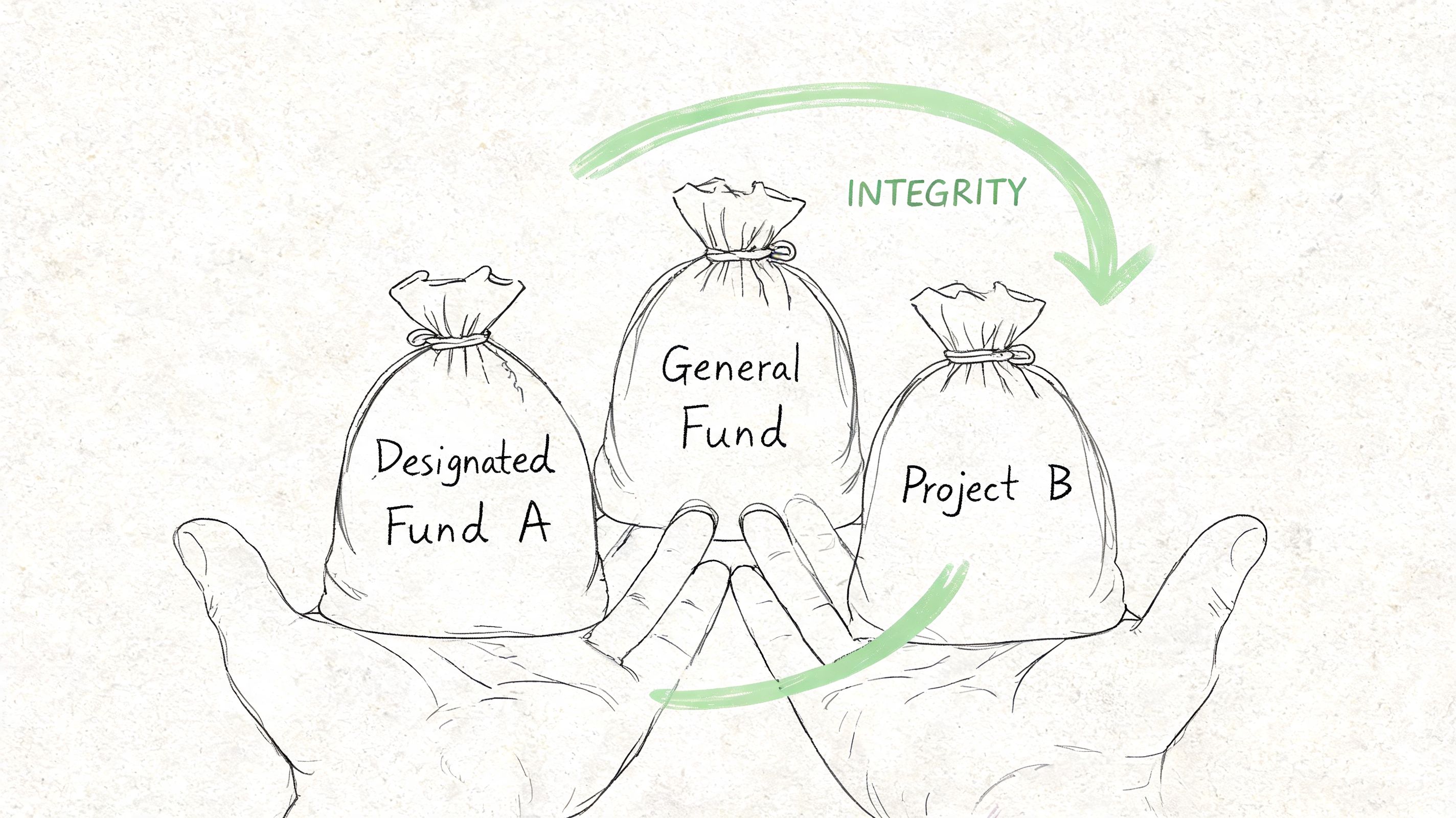Line drawing of hands holding three money bags labeled Designated Fund A, General Fund, and Project B.