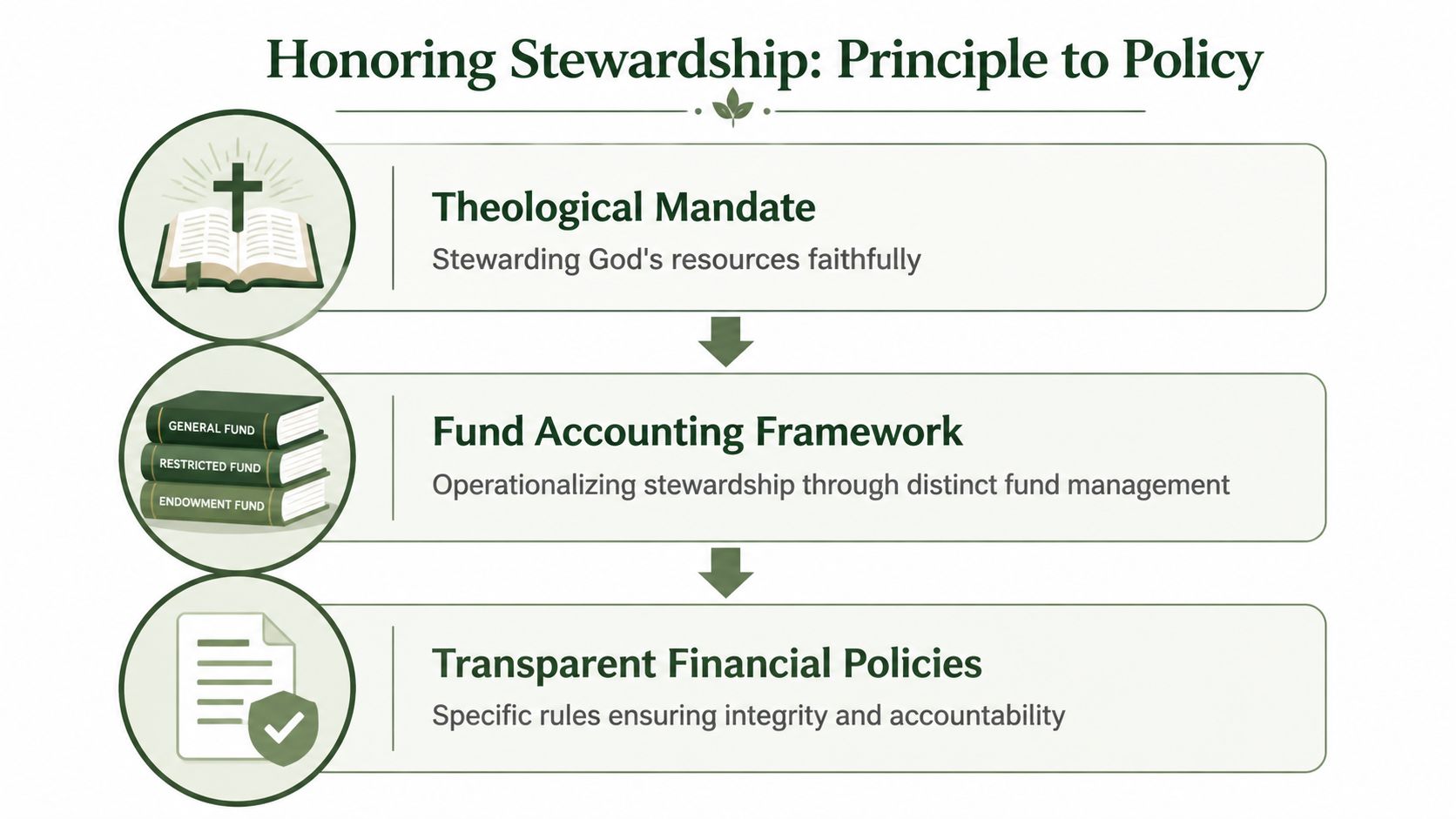 A flowchart titled Honoring Stewardship showing the progression from theological mandate to fund accounting and financial policies.